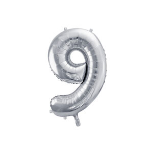 PartyDeco Fóliový balón narodeninové číslo 9 strieborný 86cm