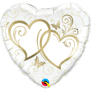 Qualatex Fóliový balón srdce - Biele so zlatými srdiečkami