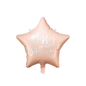 PartyDeco Fóliový balón hviezda - Happy Birthday púdrovo ružový 40 cm