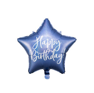 PartyDeco Fóliový balón hviezda - Happy Birthday kráľovská modrá 40 cm