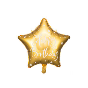 PartyDeco Fóliový balón hviezda - Happy Birthday s hviezdičkami 40 cm