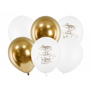 PartyDeco Latexové balóniky - biele a zlaté Happy birthday to you 6 ks