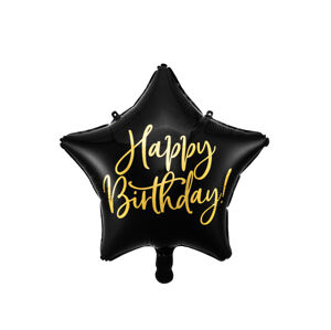 PartyDeco Fóliový balón hviezda - Happy Birthday čierny 40 cm