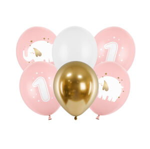 PartyDeco Latexové balóny - Prvé narodeniny sloník ružové 6 ks