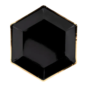 PartyDeco Papierové taniere - Čierne so zlatým okrajom 23 cm 6 ks
