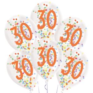 Balóniky latexové transparentné s konfetami "30" 27,5 cm 6 ks