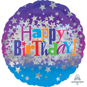 Balónik fóliový okrúhly Happy Birthday holografické hviezdy 45 cm