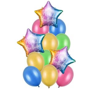 Balónový buket - 3 fóliové dúhové hviezdy - 9 balónikov dúhových 30 cm