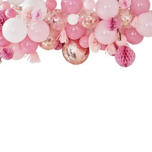 DEKORAČNÁ sada s balónikmi, strapcami, rozetami a dekoračnými guľami ružová