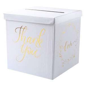 SVADOBNÝ BOX na želanie biely so zlatom Just Married 21x21x21cm