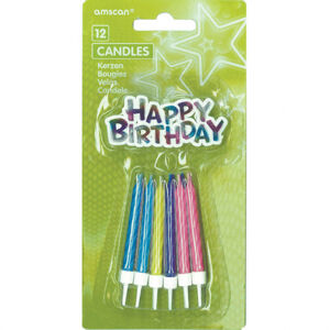 Sviečky tortové špirálové Happy Birthday mix farieb 6,3 cm 12 ks