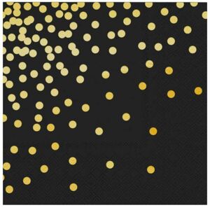 Servítky papierové čierne so zlatými bodkami 33x33 cm, 10 ks
