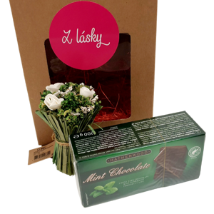 Valentínske prekvapenie - krabička s kyticou - mätové čokolády