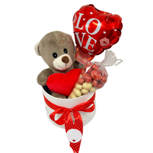 Valentínsky set - Plyšový medvedík v boxe, mandle v čokoláde 150g balónik
