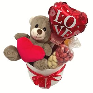 Valentínsky set - Plyšový medvedík, Milka 110 g, mandle v čokoláde 150 g, balónik srdce